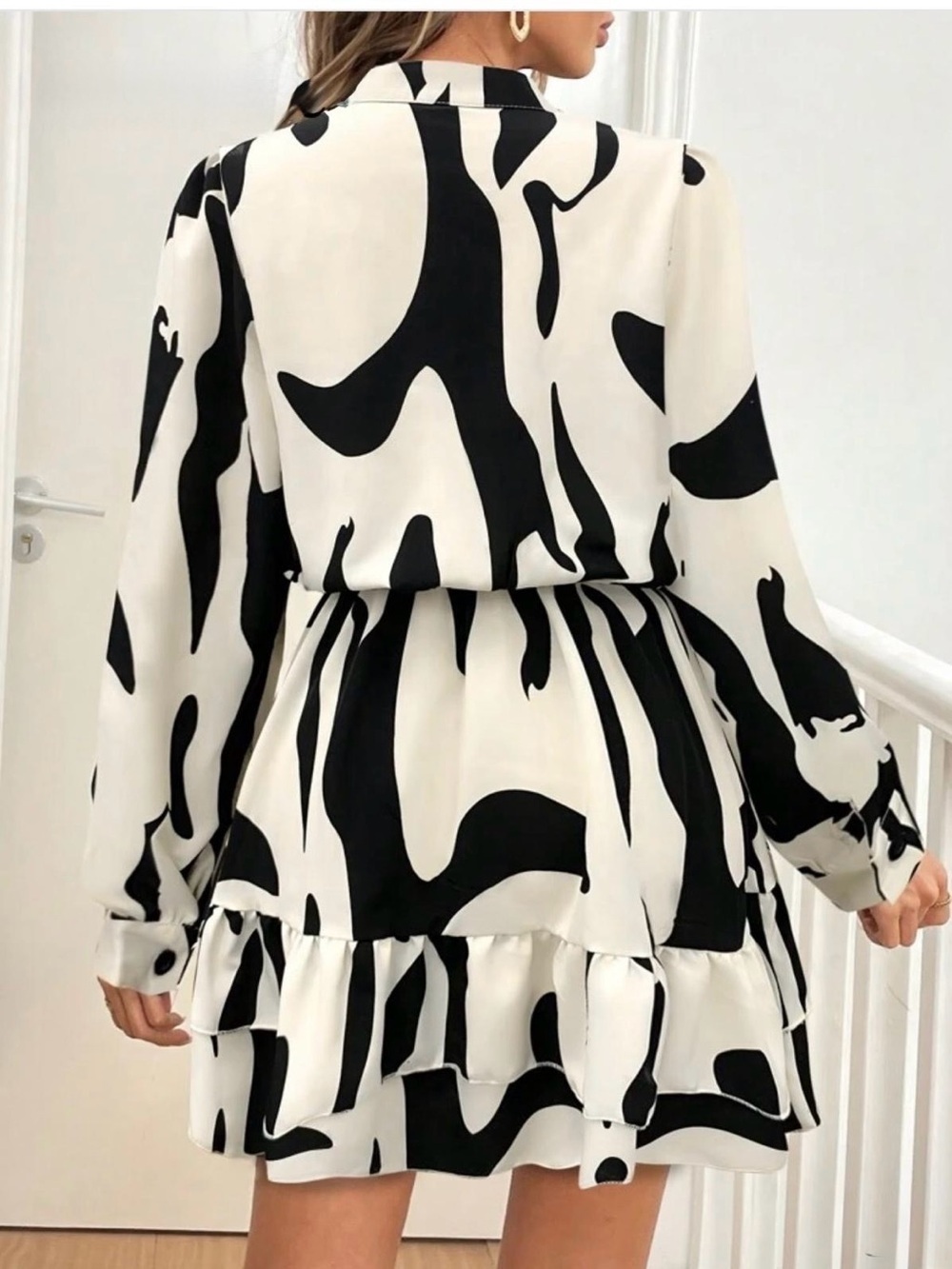 Black & White Abstract Print Tiered Mini Dress - Picture 3 of 3